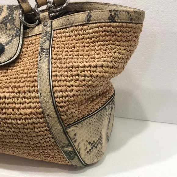 Coach Hampton Python Leather Trim Straw Shoulder Tote - Picture 4 of 12